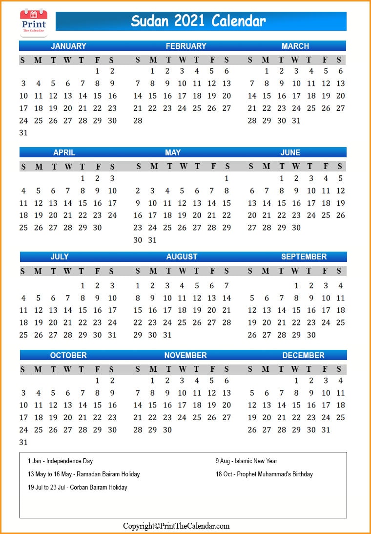 Sudan Calendar 2021